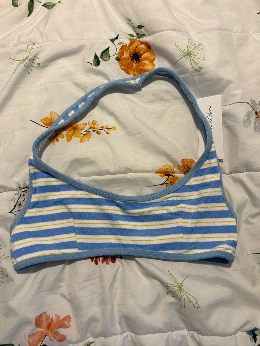 Frankie's Bikinis Light Blue, White & Pale Yellow Striped Bralette Swimming Top